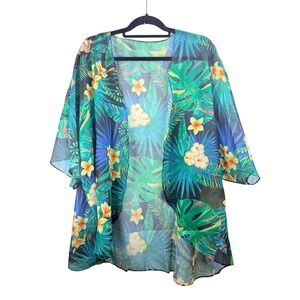 Women's Tropical Floral Sheer Kimono Cover Up Green Blue Monstera Hibiscus Large